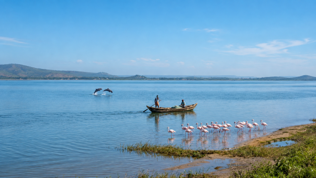 Family Tour Packages in Odisha | Boat safari on Chilika Lake with dolphins and flamingos near the shore
