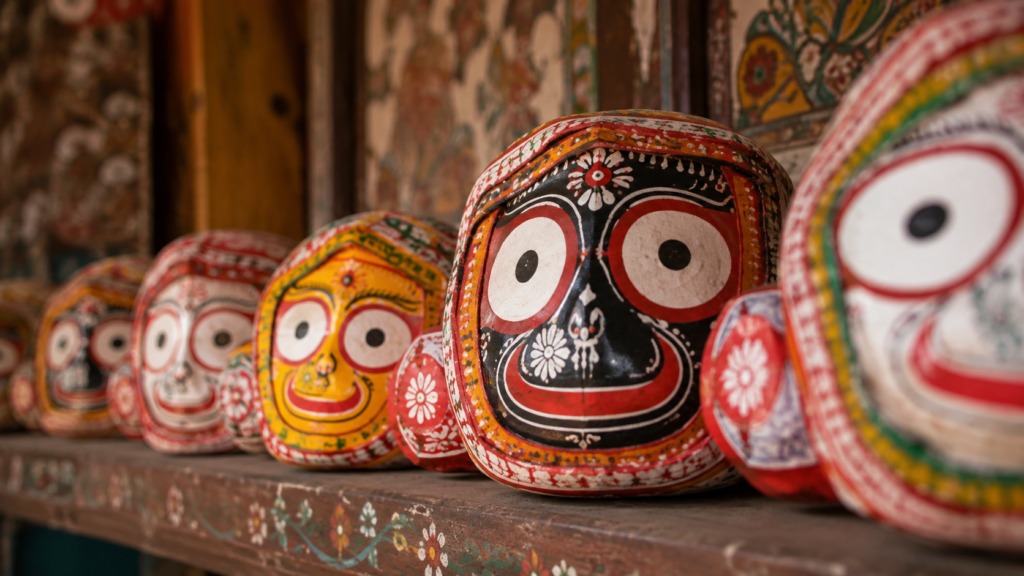 Row of hand-painted wooden deity masks in traditional Odisha style