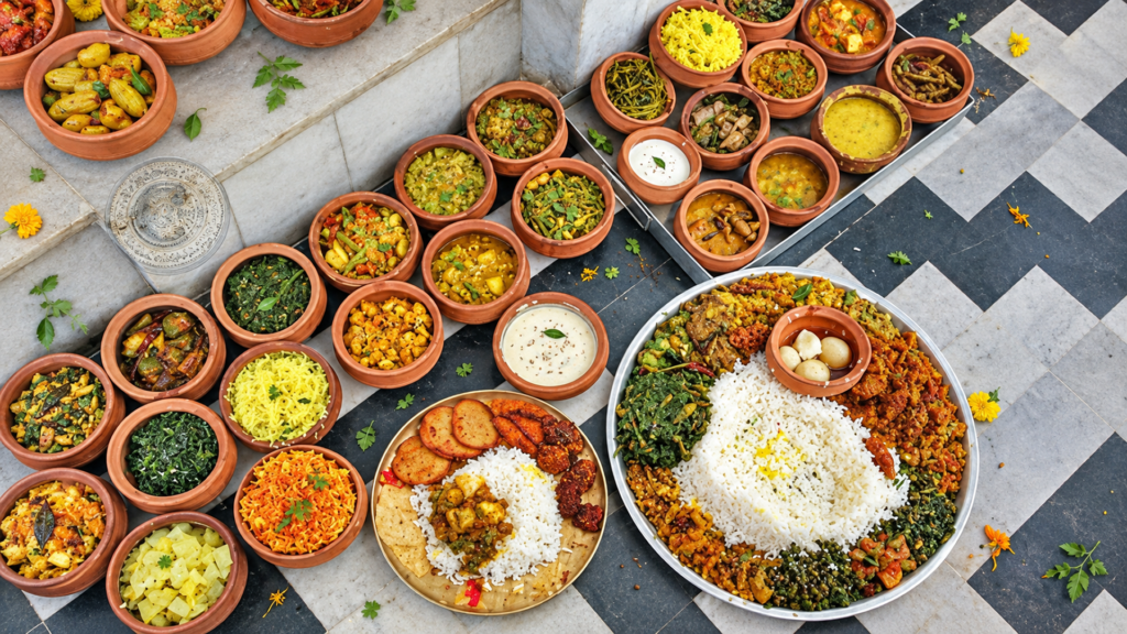 Chappan Bhog spread of temple food dishes prepared as Mahaprasad in Puri