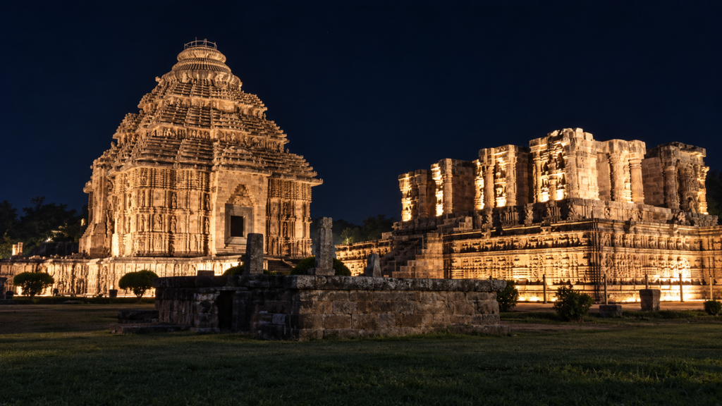 Konark Sun Temple illuminated at night during the evening light and sound show
