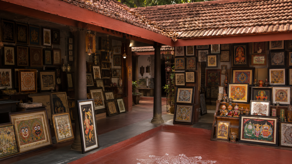 Pattachitra paintings and handicrafts displayed at a Bhubaneswar craft market