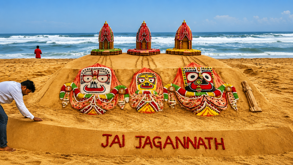 Sand sculpture of the Jagannath deities on Puri beach | Puri Travel Guide