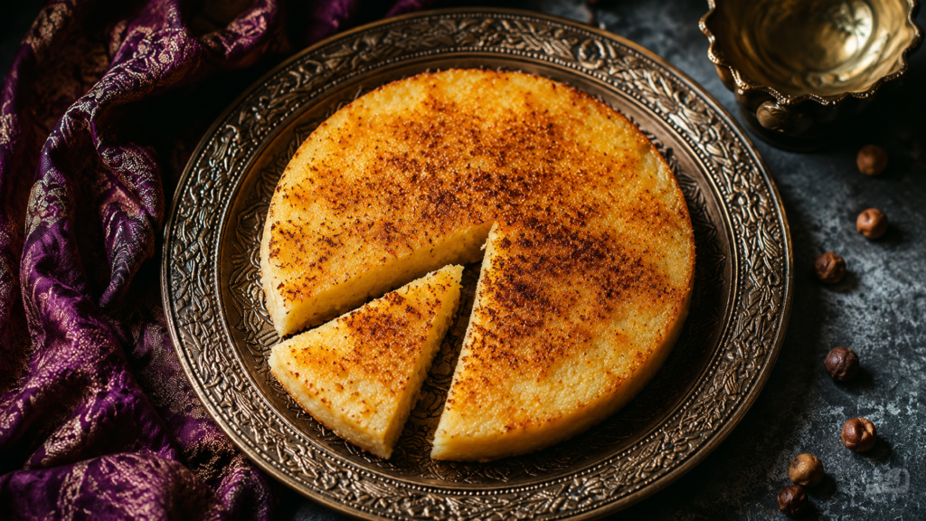 Sliced Chhena Poda dessert served on a traditional metal plate