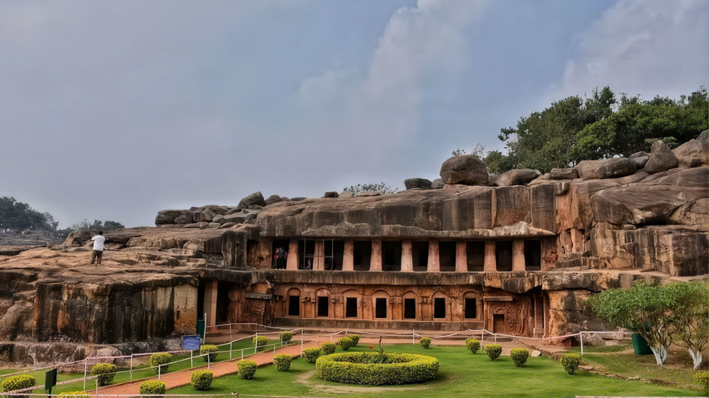 Rock cut cave facade with pillared gallery at Udayagiri and Khandagiri Caves