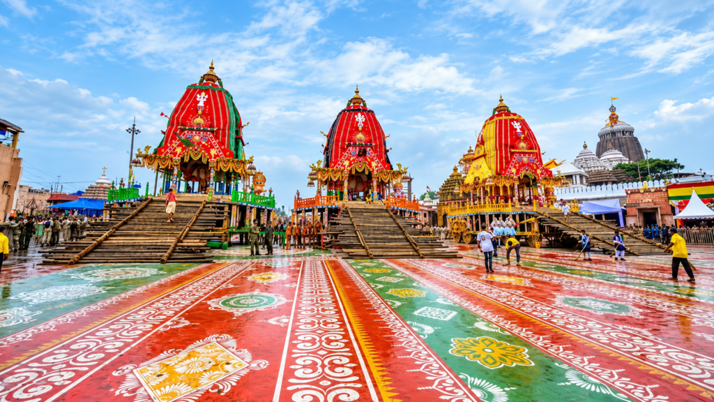 The chariots of Rath Yatra lined up before Jagannath Temple, decorated in red, green and yellow