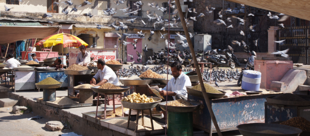 Places to eat in Jaipur- street food or grain market, likely in Jaipur, India, featuring vendors selling various agricultural products.