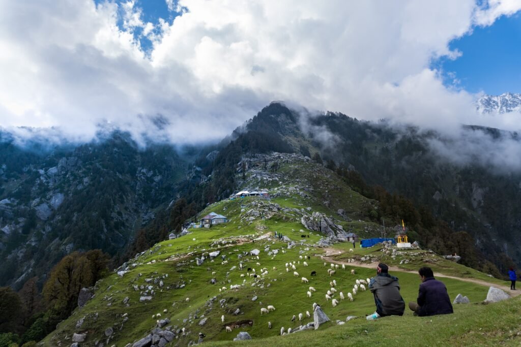 Triund, located in the Dhauladhar range of the Himalayas near McLeod Ganj and Dharamshala in Himachal Pradesh, India.