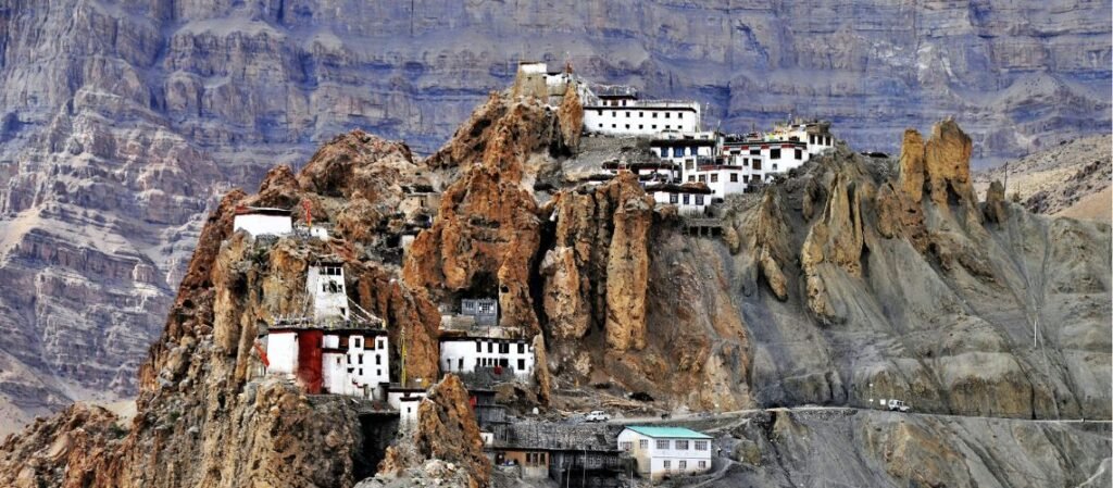 Dhankar Monastery (also known as Dhankar Gompa), a historic 1,000-year-old Tibetan Buddhist temple and former fort perched precariously on a jagged cliff at 3,894 meters elevation in the Spiti Valley of Himachal Pradesh, India.