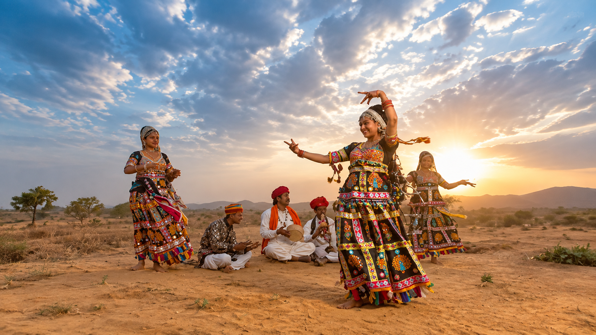 Gujarat tour packages: folk dancers in mirror-work costumes performing at sunset