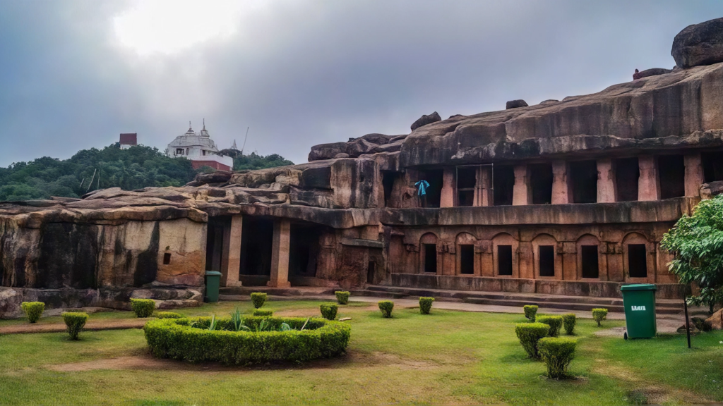 Places to Visit in Bhubaneswar: A Complete Guide 3 Udayagiri caves with the Dhauli peace pagoda visible on the hill behind | Best Places to Visit in Bhubaneswar