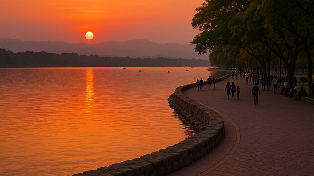 Shimla Manali Family Tour Package, a Himalayan Trip for Every Generation 1 Families walking along the Sukhna Lake promenade at sunset in Chandigarh on a Shimla Manali family tour package