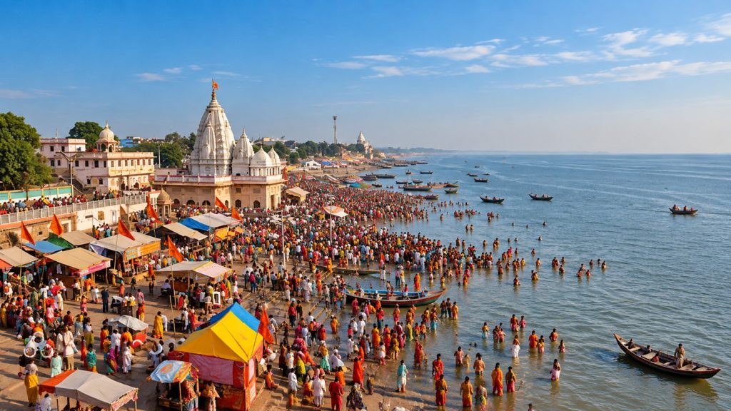 Pilgrims taking a holy dip at Gangasagar during the Gangasagar Mela